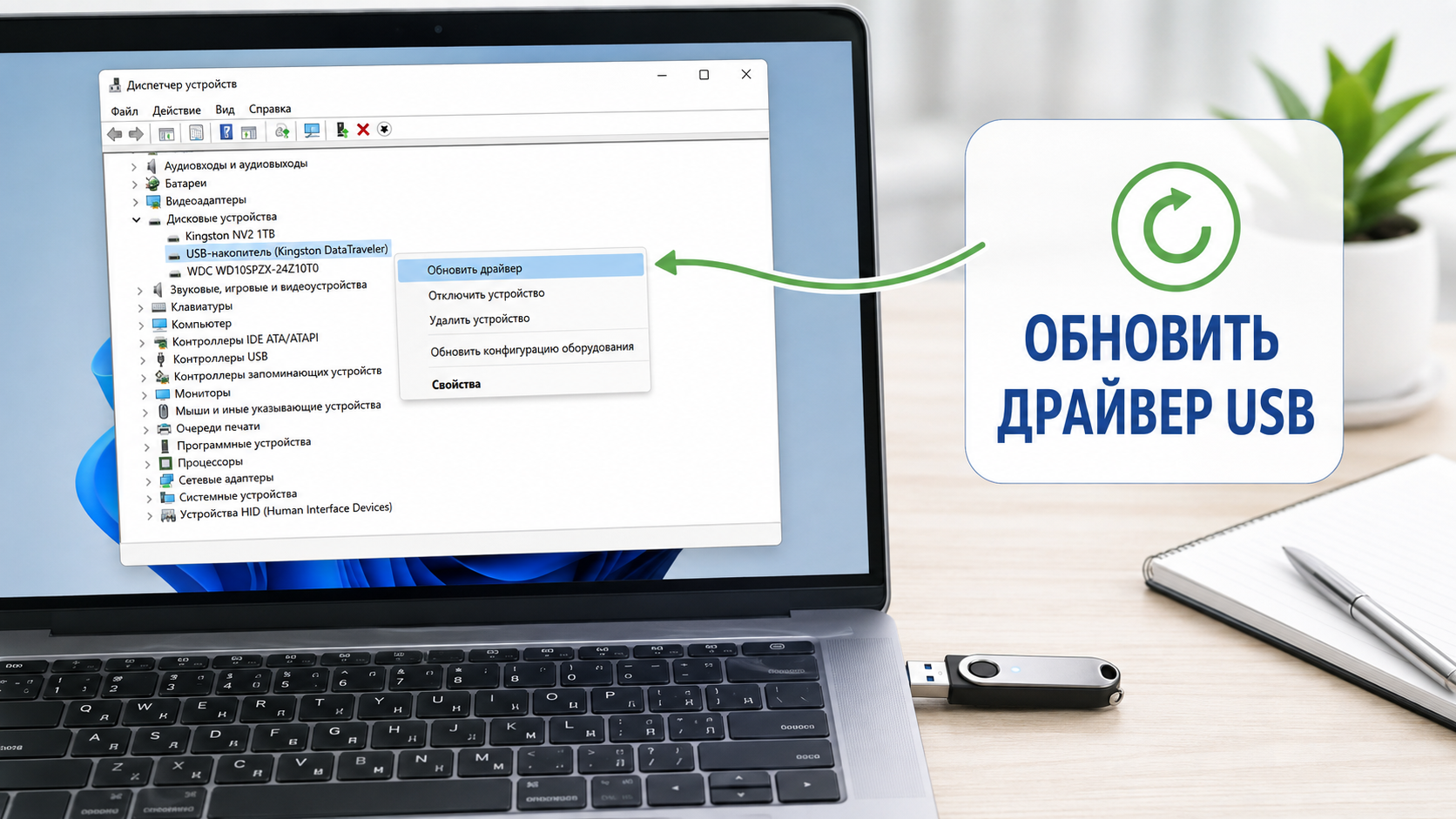 Обновление драйвера USB-флешки в Диспетчере устройств Windows